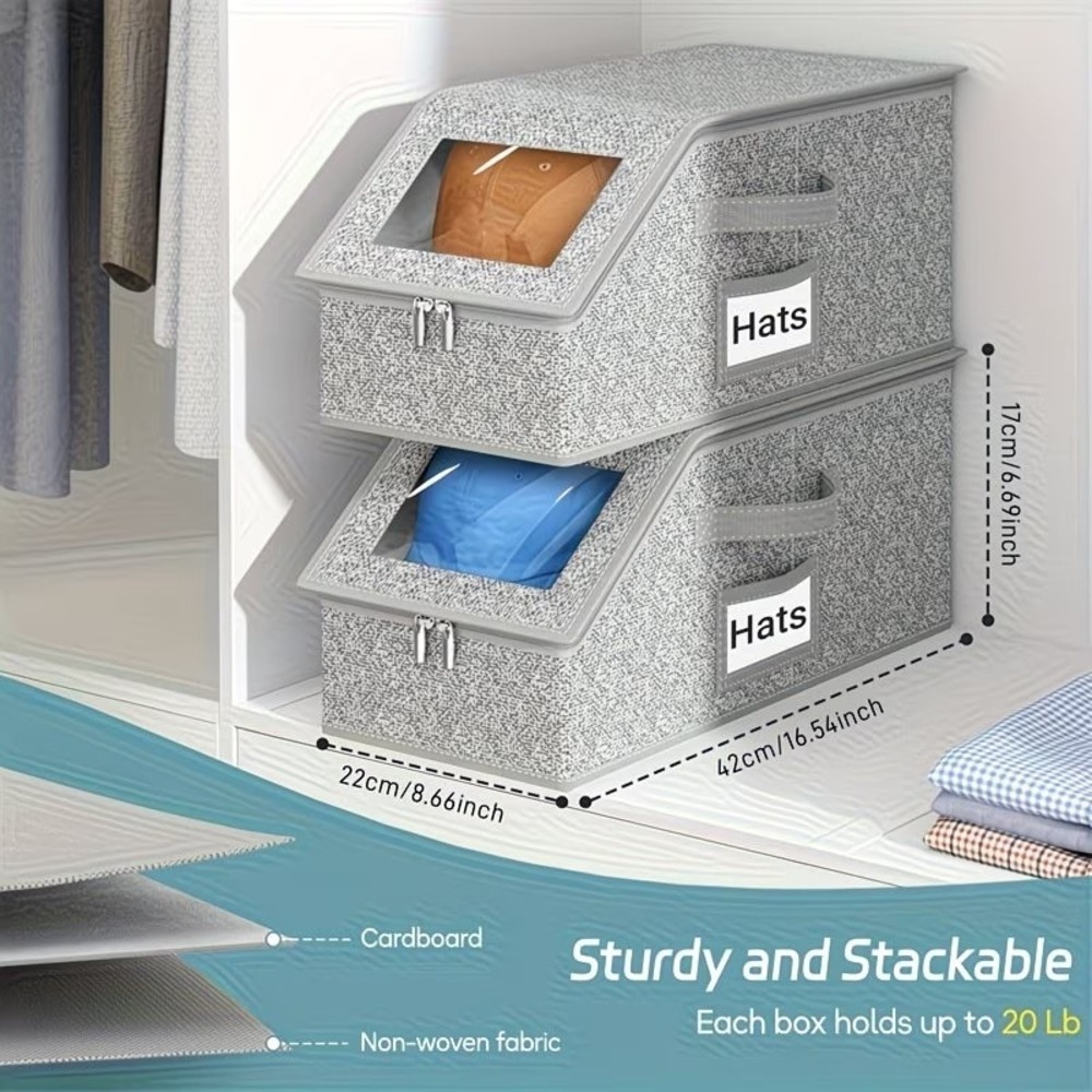 2 PCS Stackable Hat Storage for Baseball Caps Grey Fabric Closet Organizer Bins
